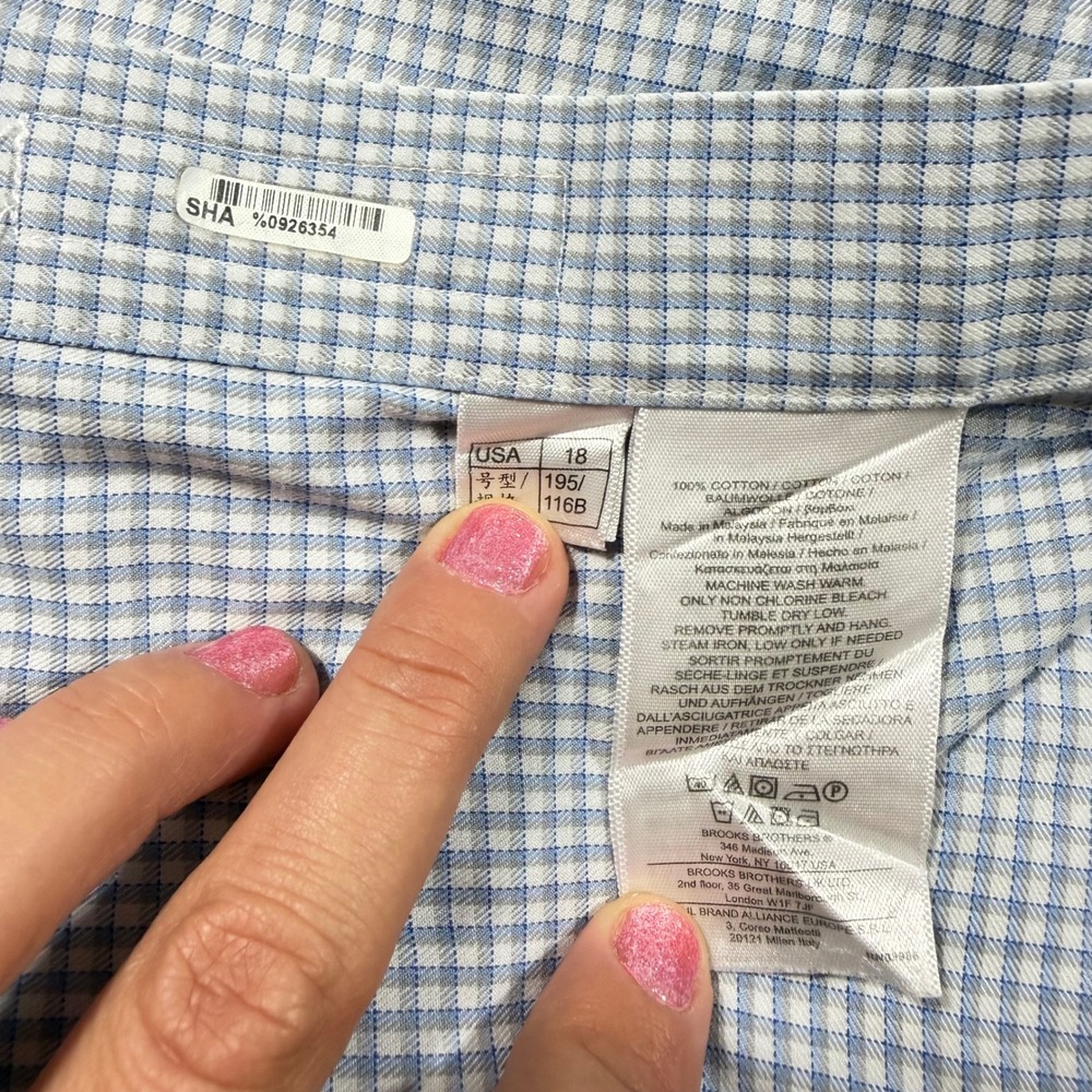 Brooks Brothers Dress Shirt Regent Men 18 34 Blue Non-Iron Check French Cuff EUC - Picture 5 of 9